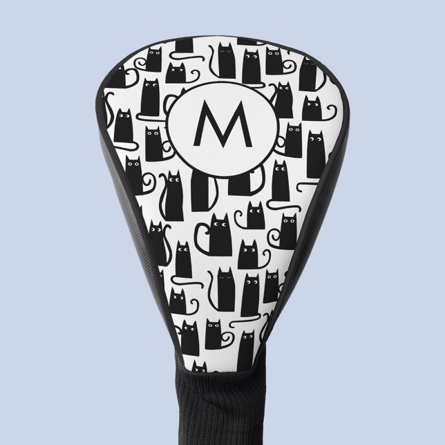 Couvre-club De Golf Monogramme Motif de chat noir (Fun black cat black and white monogram initial personalized golf head cover)