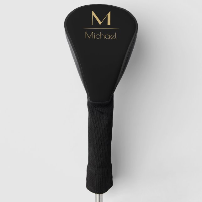 Couvre-club De Golf Monogramme personnalisé | Nom Noir & Or (Devant)