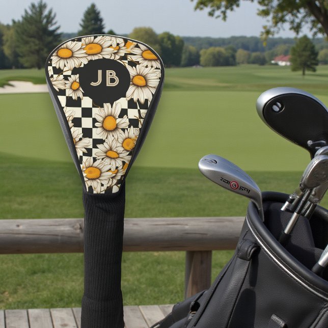Couvre-club De Golf Monogramme Retro Super Daisy Checkerboard (Créateur téléchargé)