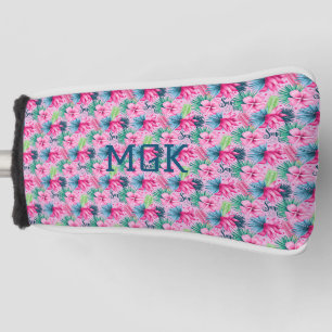 Couvre-club De Golf Monogramme rose vert bleu floral brillant Tropical