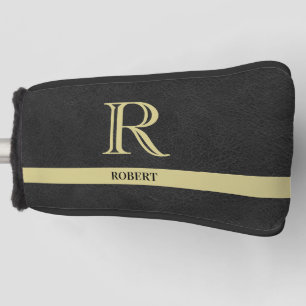 Couvre-club De Golf Monogramme texturé en cuir noir Nom Or
