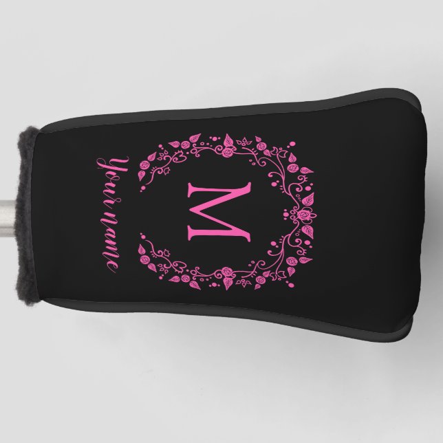 Couvre-club De Golf Monographie rose girly sur noir (Devant)