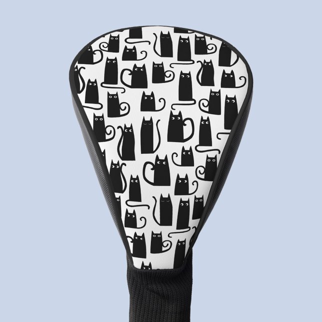 Couvre-club De Golf Motif de chat noir (Black cat fun pattern black and white golf head cover)
