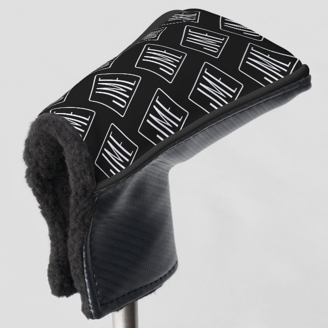 Couvre-club De Golf Motif monogramme moderne | Noir & Blanc (Devant 3/4)