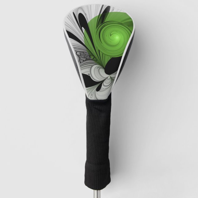 Couvre-club De Golf Noir Abstrait et blanc avec art fractal vert (Devant)