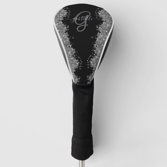 Couvre-club De Golf Noir Argent Pailleté Gris Monogramme Moderne (Devant)