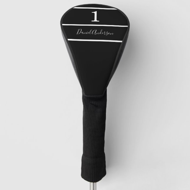 Couvre-club De Golf Noir blanc nom numéro stripes script (Devant)