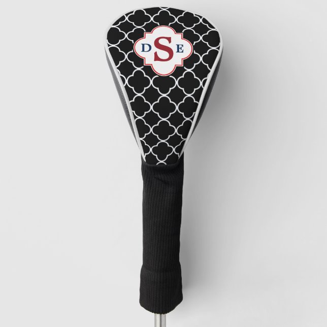 Couvre-club De Golf Noir blanc Quatrefoil rouge Monogramme (Devant)