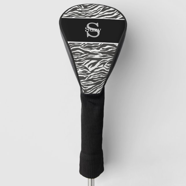 Couvre-club De Golf Noir Blanc Zèbre Animal Motif Monogramme initial (Devant)