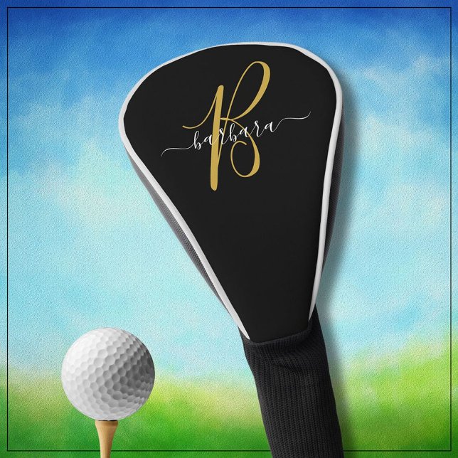 Couvre-club De Golf Noir élégant avec Monogramme Or Nom initial * (Créateur téléchargé)