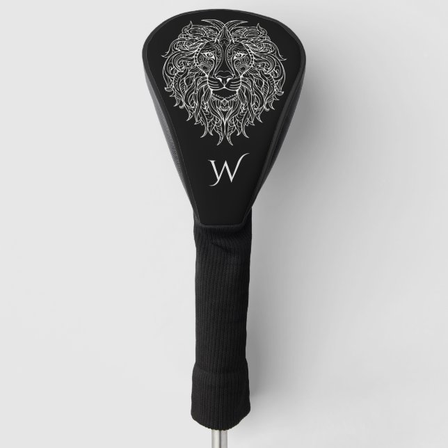 Couvre-club De Golf Noir et blanc Mandala Lion Head Monogramme initial (Devant)