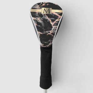 Couvre-club De Golf Noir & Rose Gold Marble Boîte, Nom & Monogramme