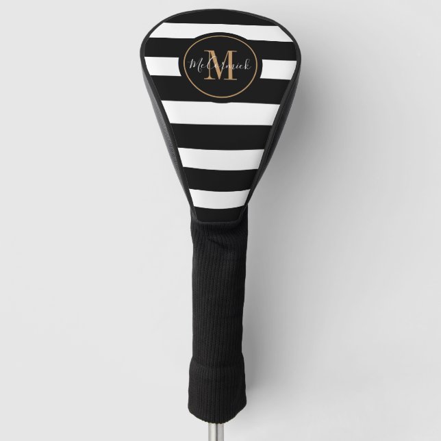Couvre-club De Golf Nom de monogramme élégant Bandes noires et blanche (Devant)