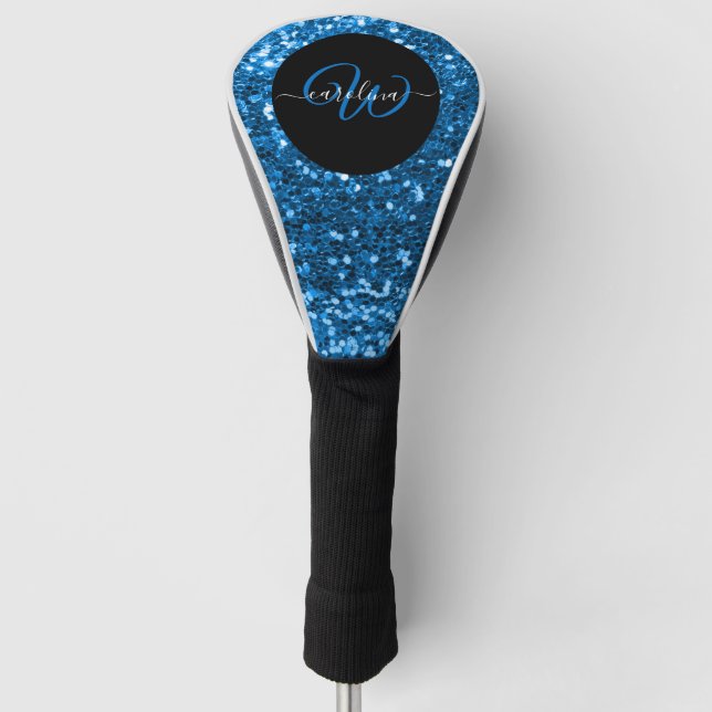 Couvre-club De Golf Nom de parties scintillant bleu monogramme élégant (Devant)