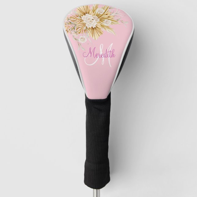 Couvre-club De Golf Nom du monogramme des fleurs roses personnalisées (Devant)