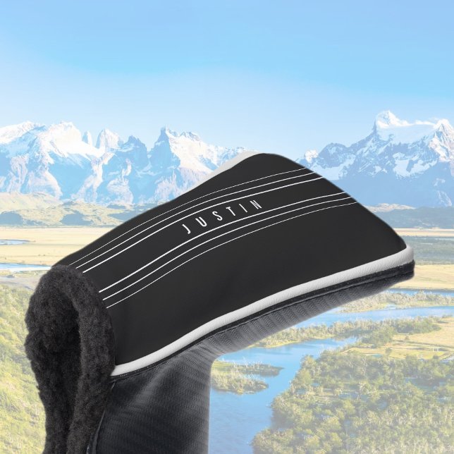 Couvre-club De Golf Nom modifiable et bandes géométriques | Noir et bl (Créateur téléchargé)