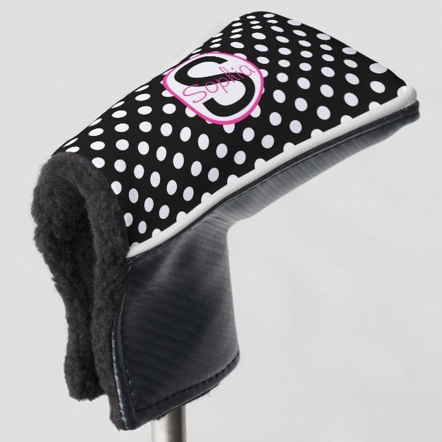 Couvre-club De Golf Nom noir rose initial avec Pois (Devant 3/4)