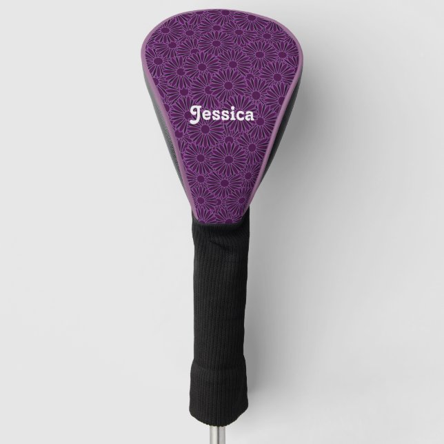 Couvre-club De Golf Nom personnalisé fleurs violettes sur noir (Devant)