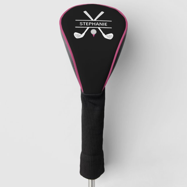 Couvre-club De Golf Nom personnalisé Noir Blanc Rose (Devant)