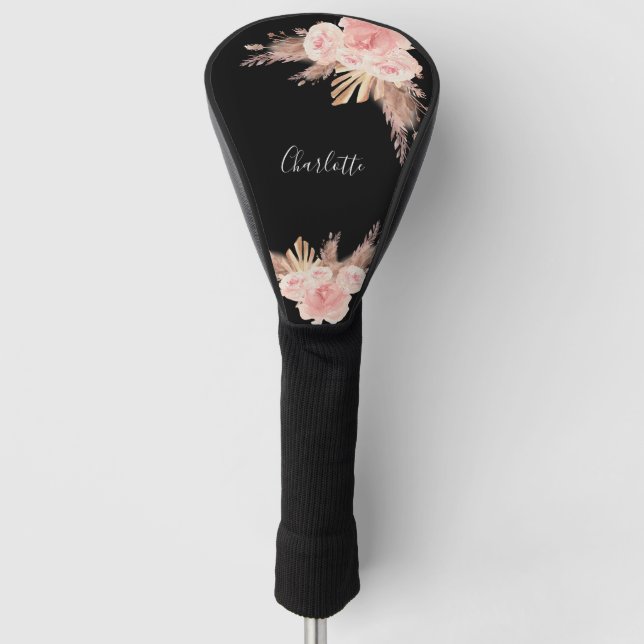 Couvre-club De Golf Pampas herbe boho rose or floral noir nom (Devant)