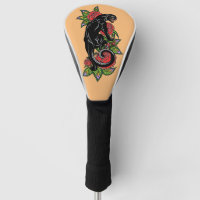 Panthère noire et tête de golf rose en fleurs