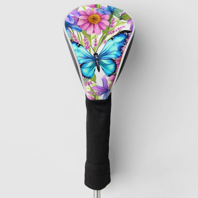 Couvre-club De Golf Papillon bleu dans un champ de fleurs (Devant)