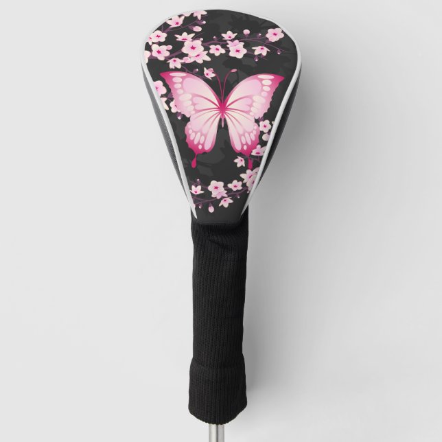 Couvre-club De Golf Papillon Noir Rose Et Fleurs De Cerisiers (Devant)