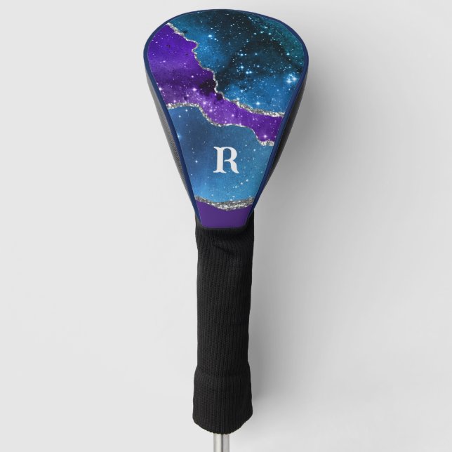 Couvre-club De Golf Parties scintillant bleu violet et argent Monogram (Devant)