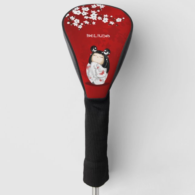 Couvre-club De Golf Poupée Kokeshi Rouge noir blanc cerisier (Devant)