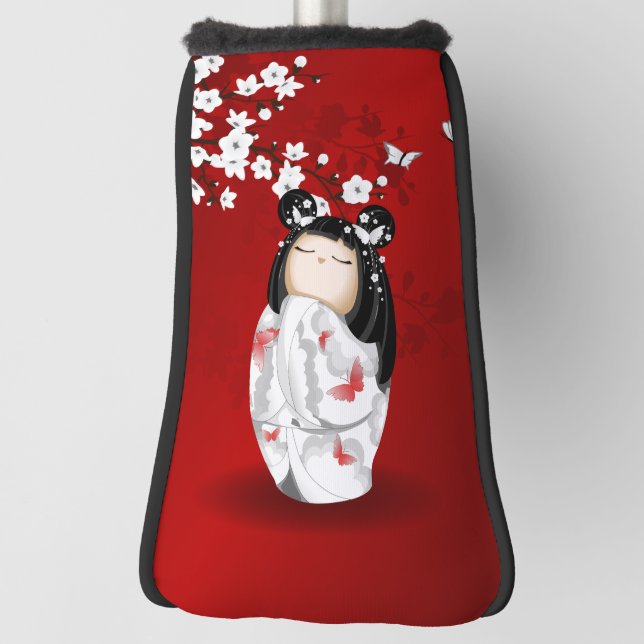 Couvre-club De Golf Poupée Kokeshi Rouge Noir Blanc Cerisier Fleurs (Tourné à 90°)