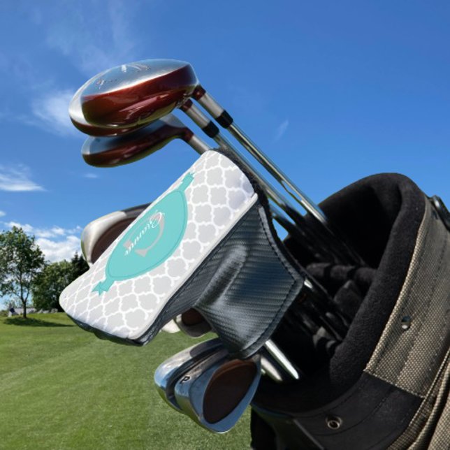 Couvre-club De Golf Quatrefoil turquoise Couverture de tête de golf pe (Teal Quatrefoil Personalized Golf Head Cover)