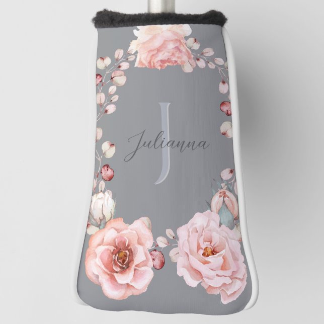 Couvre-club De Golf Rose d'aquarelle Wreath personnalisée | Gray (Tourné à 90°)