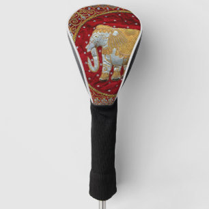 Couvre-club De Golf Rouge embelli et or d'éléphant d'Asie