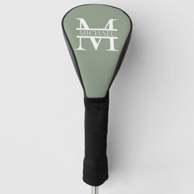 Couvre-club De Golf Sage Vert Elégant Personnalisé Monogramme & Nom (Devant)