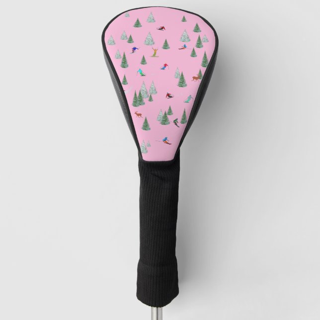 Couvre-club De Golf Skiers Downhill Skiing Illustration Pastel Pink (Devant)