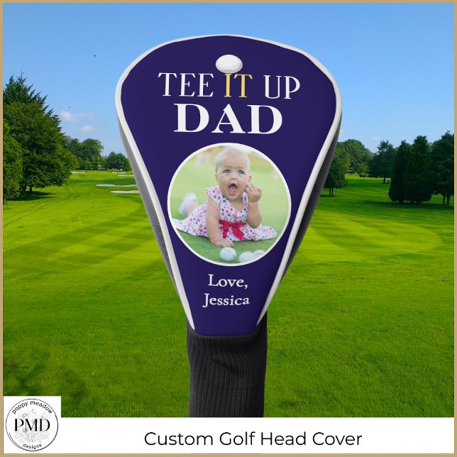 Couvre-club De Golf Tee It Up Papa Photo personnalisée Marine Blue (Tee It Up Dad Custom Photo Navy Blue Golf Head Cover with Child or Pet Photo and Name.)