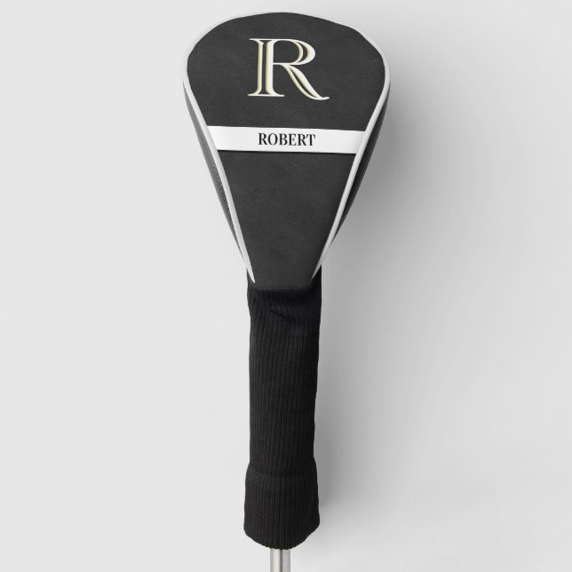 Couvre-club De Golf Texture en cuir noir Nom du monogramme blanc (Devant)