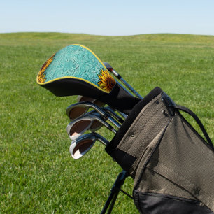 Couvre-club De Golf Turquoise Leather Tooled Bright Sunny Sunflowers