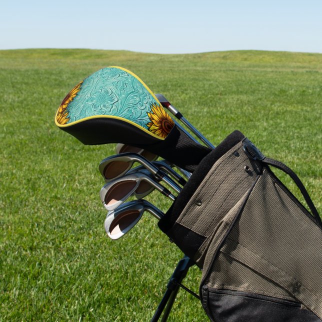 Couvre-club De Golf Turquoise Leather Tooled Bright Sunny Sunflowers (In Situ)