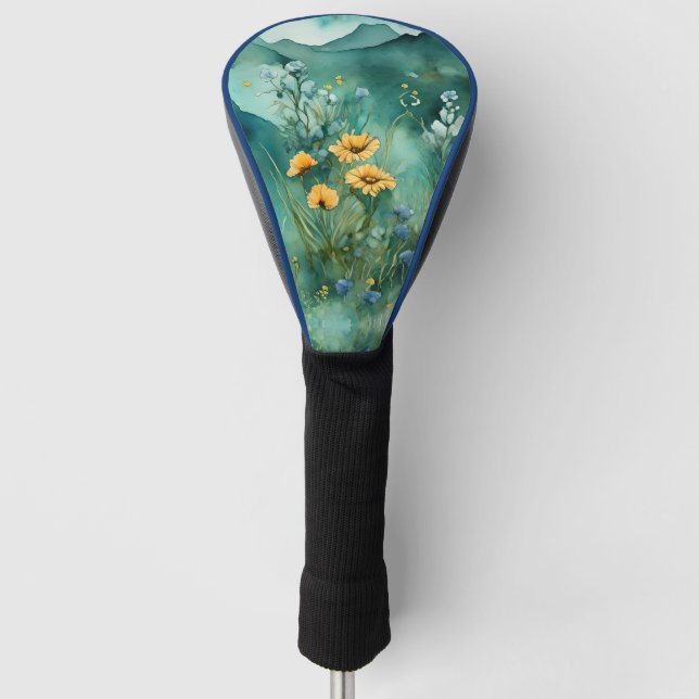 Couvre-club De Golf Vert doux paysage aquarelle fleurs sauvages (Devant)