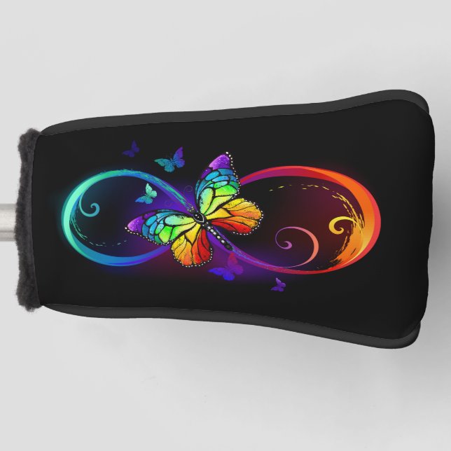 Couvre-club De Golf Vibrant infinity with rainbow butterfly on black (Devant)