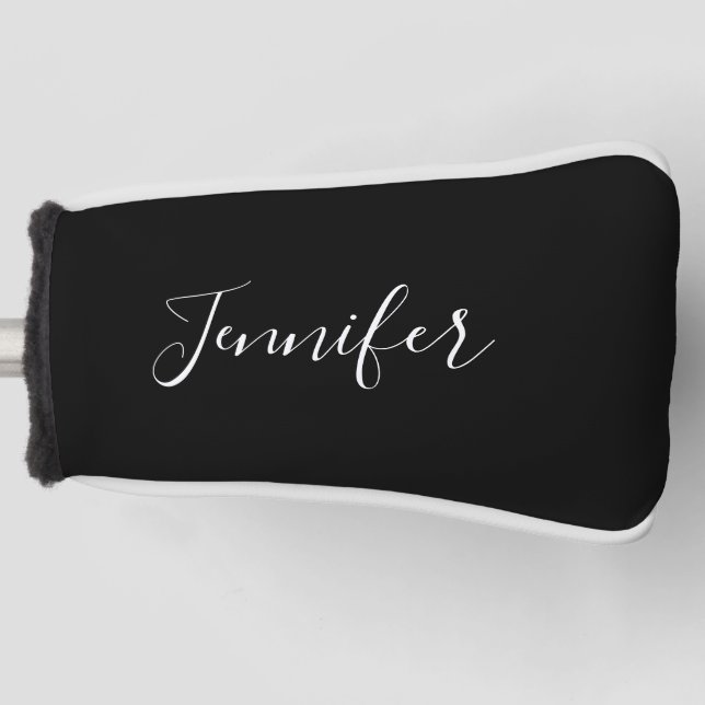 Couvre-club De Golf Votre nom | Élégant script blanc sur noir (Devant)