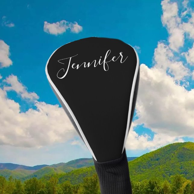 Couvre-club De Golf Votre nom | Élégant script blanc sur noir (Créateur téléchargé)