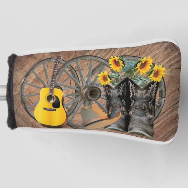 Couvre-club De Golf Western Wagon Wheel Guitar Cowboy bottes tournesol (Devant)