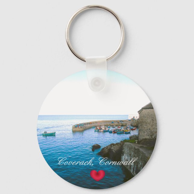 Coverack Harbour Post Office & Fishing Boat Photo Keychain (Front)