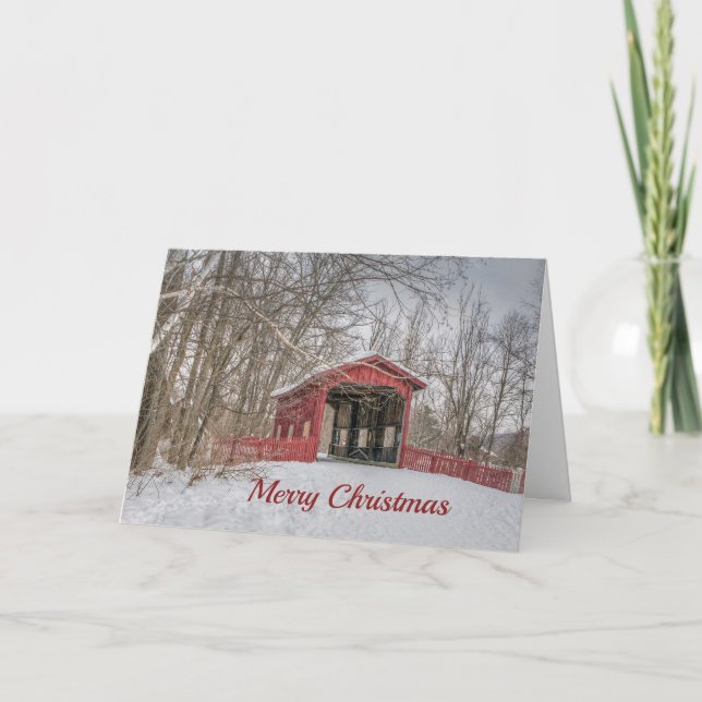 Covered Bridge Red Snow Photo Christmas Holiday Card (Front)