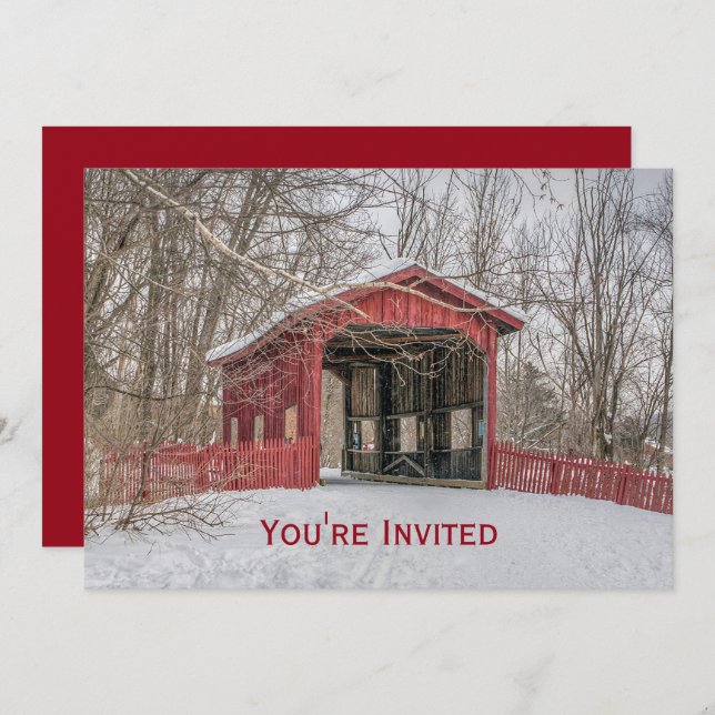 Covered Bridge Red Snow Photo Christmas Invitation (Front/Back)