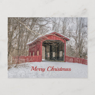 Covered Bridge Red Snow Photo Christmas Postcard