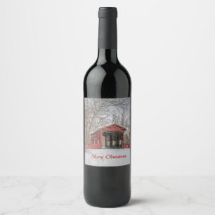 Covered Bridge Red Snow Photo Christmas Wine Label