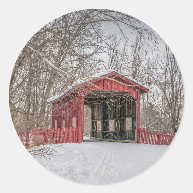 Covered Bridge Red Snow Photo Classic Round Sticker (Front)